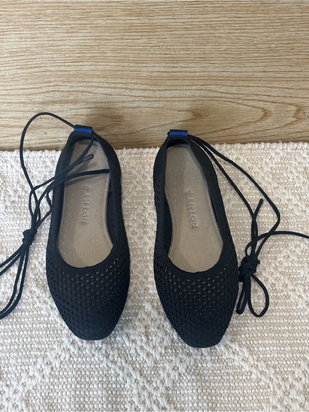 Rothy's Black Knit Lace-Up Ballet
Flats with Blue Heel Tab